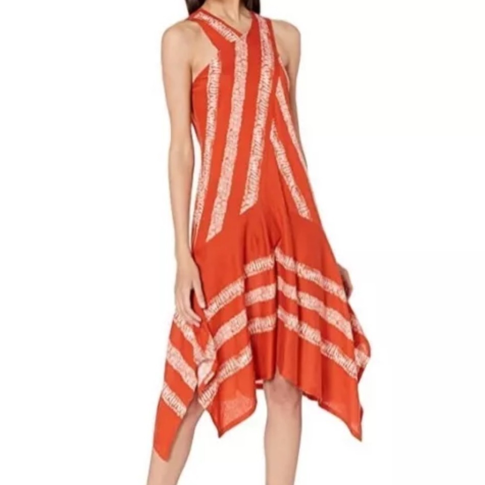 NWT Bcbg Maxazria Coral Tie Dye Striped Cross Neck Halter Asymmetrical Hem Dress